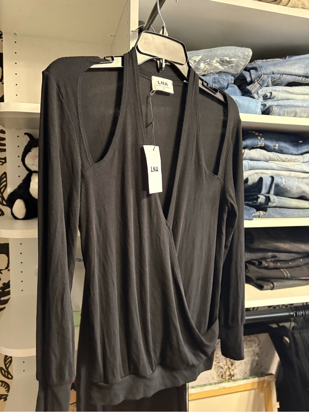NWT LNA Women's Black Wrap-Front Long Sleeve Top